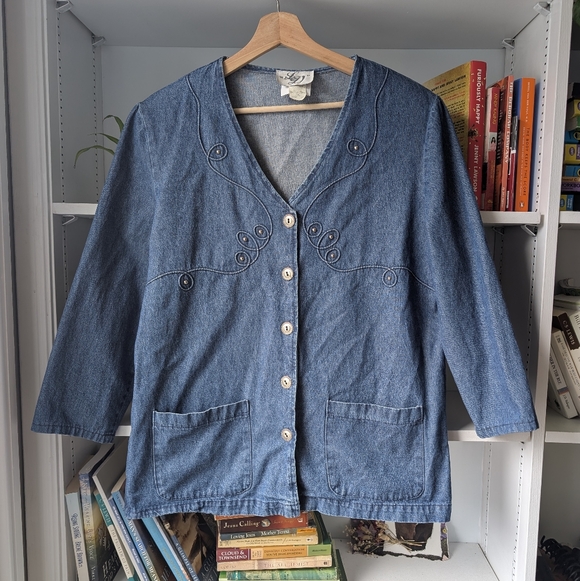 Weekend Jackets & Blazers - Vintage Women's Blue Denim Button-Up Jacket Coat Size XL Western Cottagecore